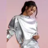 Dameshoodies Zilver Metallic PU Sweatshirt voor dames Lange mouw Mode Grunge Glanzende Tops High Street Punk Glitter Herfstoutfit