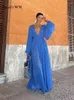 Casual Dresses Women Solid Deep V-neck Long Dress Sexy Sleeve See Through High Waist 2024 Summer Fashion Female Vacation Robes