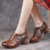 Dress Shoes Johnature 2024 Vintage Handmade Genuine Leather Pumps Ethnic Style Flower Mid Heel Round Toe Versatile Women's