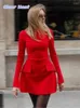 Lässige Kleider Chic Red Rollkragenpullover Taschen Slim Kleid für Frauen elegant Langarm Pendelmini 2024 weibliche Körperkonsum eine Linie Robe