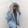 Kvinnors jackor sammet tjock denim huva jacka kvinnlig vinter stor päls kappa streetwear kort casual parka varm ytterkläder