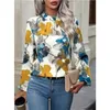 Frauen Blusen Herbst Und Winter Gemalt Große Blumen Mode Rundhals Langarm Temperament Weibliche Tops Bodenbildung Shirt