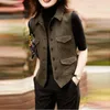 Women's Vests Brown Short Woolen Vest Jacket Women Spring Autumn Single-breasted Pocket Waistcoat Sleeveless Tank Outerwear Casual Female