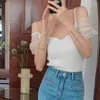 Women's T Shirts Shirt Solid Color Mesh Splicing Puff Short Sleeves Knitted Slim Sweet V Neck Tops