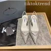 Rhinestone Heel Shallow Mouth Single Shoes Dress Shoes Crystal Satin Sandals Pointed Toe Small Cat Heel Prad Sandal Women Triangle Labeled with box