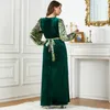 Abbigliamento etnico Zigui Abito in velluto Donna Ricamo di lusso Perline Verde nerastro Abaya Abito con maniche a sbuffo Festa musulmana