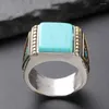 Cluster Rings Fashion Vintage Square Turquoise Stones For Men Feather Carving Accessories Jewelry Bague Masculine Cool Band Gift