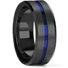 Anéis de cluster moda 8mm azul sulco de aço inoxidável para homens preto escovado borda chanfrada anel de noivado jóias de banda de casamento