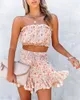 Fatos femininos floral cintura com umbigo exposto peito envolto ombros fora boêmio vestido de macacão de duas peças para o verão