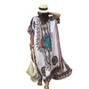 Ethnische Kleidung Afrika Tribal Bohemian Bedrucktes Kaftan Strand Baumwolle Lose Länge Smock Damen Sommer Beachwear Halbarm Maxikleid