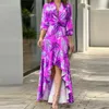 Casual Dresses Fashion V Neck Oregelbundet hem Maxi Dress Women 2024 Spring Print Ruffled Splic Office Ladies Elegant For Robe Femme