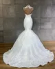 2024 Graziosa sirena in rilievo abito da sposa in pizzo senza spalline scollo a V abiti da sposa Sweep Train Tulle applicato tromba Abiti da sposa