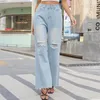 Damen-Jeans, Y2K, ausgefranst, locker, modisch, Street-Style, zerrissen, blau, ausgestellte Hose, 2024, lässig, Übergröße, Damen-Jeanshose