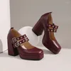 Dress Shoes Ultra-High Thick Heel Square Toe Double Row Hollow Belt Buckle Women's Pumps Waterproof Platform Wine Red Large Size High Heels