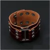 Bangle Wide Rivet Leather Bangle Cuff Mtilayer Wrap -knapp Justerbar armband Wristand för män Kvinnor Fashion Jewelry Drop Delivery J Dhlu8