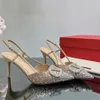 Het beste merk Slingbacks Dames Hoge Hak Sandalen Gradiënt Kristal Decoratie Puntschoen Enkelbandje Luxe Designer Jurk Schoenen Mode Feest Bruiloft Schoen