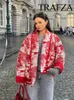 Trenchs Femmes TRAFZA Winter Print Veste matelassée pour femmes Patchwork Coton Poches décontractées Femme Manteau rembourré Chaud Streetwear