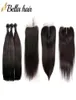 Peruwiańskie dziewicze ludzkie włosy wątki i zamykanie jedwabistych prostych 3 wiązek Remy Hair Extensions koronkowe zamknięcia 4x4 Bellahair5349104