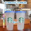 Starbucks 24oz/710ml Plastik Kupa Tumbler Yeniden Kullanılabilir Açık İçme Düz Alt Bardak Sütun Şekli Kapak Saman Bardian DHL