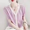 Malhas femininas pérolas com decote em v manga curta de malha cardigan verão topos moda coreana camisas padrão diamante onda borda cardigans