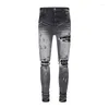 Herr jeans streetwear mode män retro svart blå stretch mager fit rippad läder lapped designer hip hop varumärke byxor