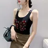 Camisetas para mujer Verano de alta calidad Mujeres coreanas Chaleco de malla Chic Sexy con cuello en V Brillante Bowknot Diamantes Camiseta Tops Chica Sin mangas Todo Partido