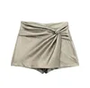 Vrouwen Shorts TRAFZA 2024 Vrouw Knoop Mini Rok Goud Skort Geplooide Hoge Vrouwen Taille Korte Rokken Chic Elegant