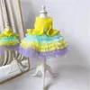 Vestidos de niña, vestido de lentejuelas amarillas, tul escalonado hinchado, cuello redondo, longitud hasta la rodilla, vestido de fiesta de cumpleaños de princesa, primera comunión