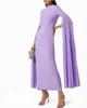 Eleganckie krótkie liliowe sukienki wieczorowe z krepy z rozciętą pochwą długie potargane rękawowe kostki sukienki na imprezę dla kobiet