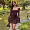 Casual Dresses 2024 Autumn Women's Fashion Sexy Square Neck Low Cut Flare Sleeve Slim Fit Wrap Hip Skirt Cake