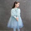 Vestidos de niña primavera y otoño vestido de princesa 2024 Otoño-Invierno azul malla de hadas para niños