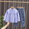 Kleidung Sets Mädchen Modische Herbst Anzug 2024 Koreanische Mode kinder Tragen Mädchen Baby Hemd Jeans Zwei Stück Set