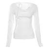 Magliette da donna Vintage Bianco Colletto oscillante T-shirt con lacci Autunno Slim Fit Top tutto-fiammifero Donna Y2 Grunge Manica lunga che tocca le magliette