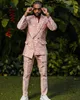 Printing Patterns Men Wedding Tuxedos Pink Double Breasted 2 Pieces Jacket Pants Party Birthday Wear