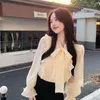 Women's Blouses Sweet V-Neck Folds Ruffles Lace Up Bow Shirts Clothing 2024 Spring Loose All-match Tops Butterfly Sleeve