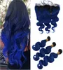 Fasci di tessuto per capelli umani malesi dell'onda del corpo malese di Ombre nero e blu scuro con 13x4 Frontale in pizzo pieno 1B Capelli vergini Ombre blu Exte3848427