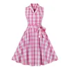 Casual Dresses Tonval Pink Gingham Bomull för kvinnor hackad krage-knapp upp ärmlös sommar A-line 50-tal rockabilly vintage klänning