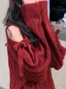 Pulls pour femmes Hiver Noël Chaud Kawaii Pull Femmes Rouge Hors Épaule Solide Doux Jumper Femme Coréenne Mode Année Lâche Tops En Tricot