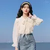 Women's Blouses Sweet V-Neck Folds Ruffles Lace Up Bow Shirts Clothing 2024 Spring Loose All-match Tops Butterfly Sleeve