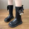 Boots Girls Versatile Black Bow Tassels Pearls Children Mid Calf For Catwalk Zipper Casual Kids 2024 Spring Autumn