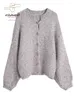 Malhas femininas moda coreana camisola cardigan inverno retro cor mistura fio malhas lanterna mangas casaco meninas doce rosa topos