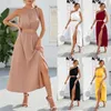 Casual Dresses High Waist 2024 Spring/Summer Solid Color Fashion Diagonal Shoulder Bow Set Split Large Hem Women's Two Piece