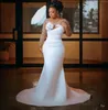 2024 Sirena Abito da sposa da donna con strascico staccabile Illusion Neck Perline Cristalli Abiti da sposa in raso Arabo Aso Ebi Abiti da Noiva Robe De Mariee