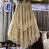 Rokken Asymmetrische Tiered Maxi Tule Rok Vrouwen 2024 Lente Zomer Elegante Lagen Hoge Taille Verstoorde Tutu Mesh Lange