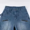 Женские джинсы молнии расстроены для женщин 2024 Осенняя лента Асимметричные карманы с высокой талией широкие брюки.