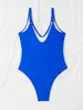 Damskie stroje kąpielowe 2024 Seksowne niebieskie skręcenie przednie głębokie V Nakień One Piece Swimsuit Kobiet wyściełany High Cut Swim Kąpiel Monokini Beach Wear