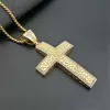 Grand pendentif croix en CZ glacé avec chaîne, couleur dorée 14k, collier en or jaune pour hommes, bijoux Hip Hop scintillants