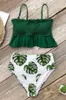 Maillots de bain pour femmes Bikini taille haute smocké vert et Monstera