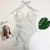 Women's Swimwear Shiny White One Piece Swimsuit 2024 Women Solid Push Up Underwire Tummy Control Monokini Beach Bathing Suit Backless