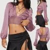 女性用ブラウスファッション長袖ブラウスクロップトップ紫vネックレースフローラルエレガントなTシャツクラブストリートウェア